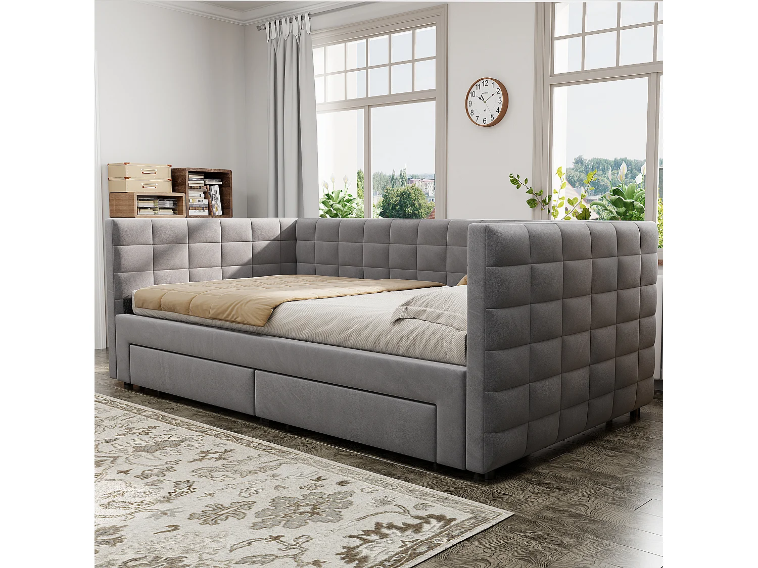 Schlafsofa mit Polsterung 90×190 cm - mit 2 Schubladen - mit Lattenrost - grau (Matratze nicht inbegriffen)