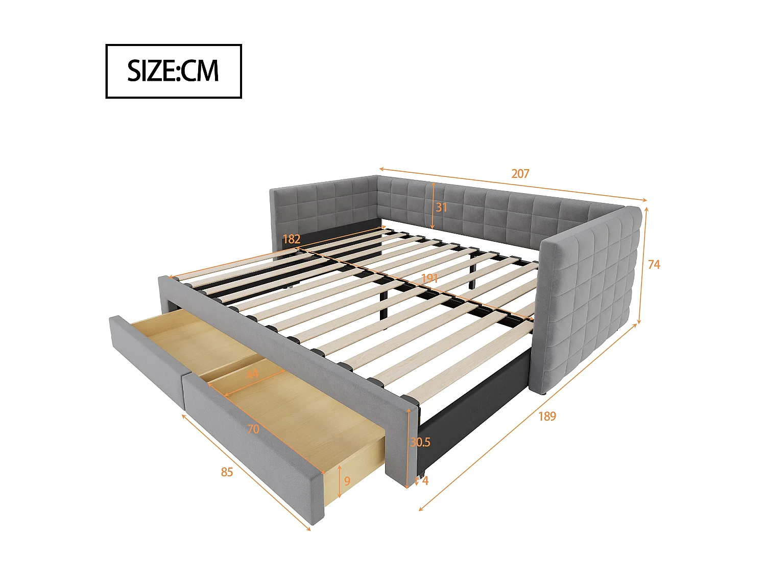 Schlafsofa mit Polsterung 90×190 cm - mit 2 Schubladen - mit Lattenrost - grau (Matratze nicht inbegriffen)