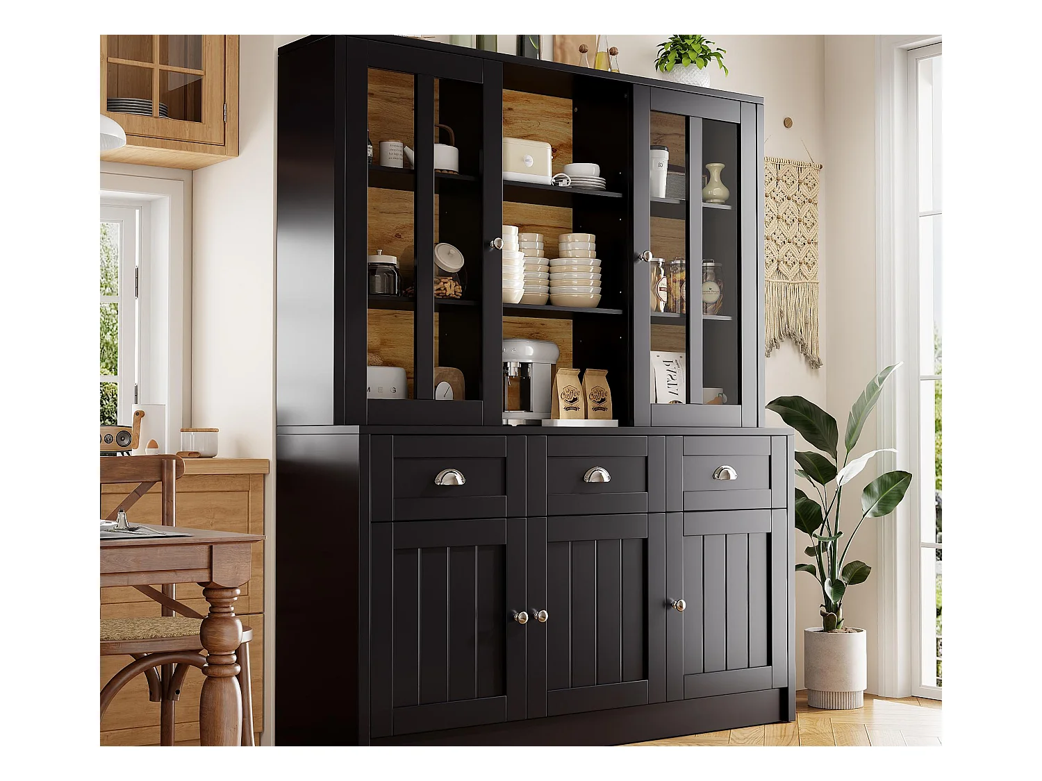 Buffet de cuisine moderne 140x38.5x175 cm - 5 portes + 3 tiroirs + 9 étagères - noir