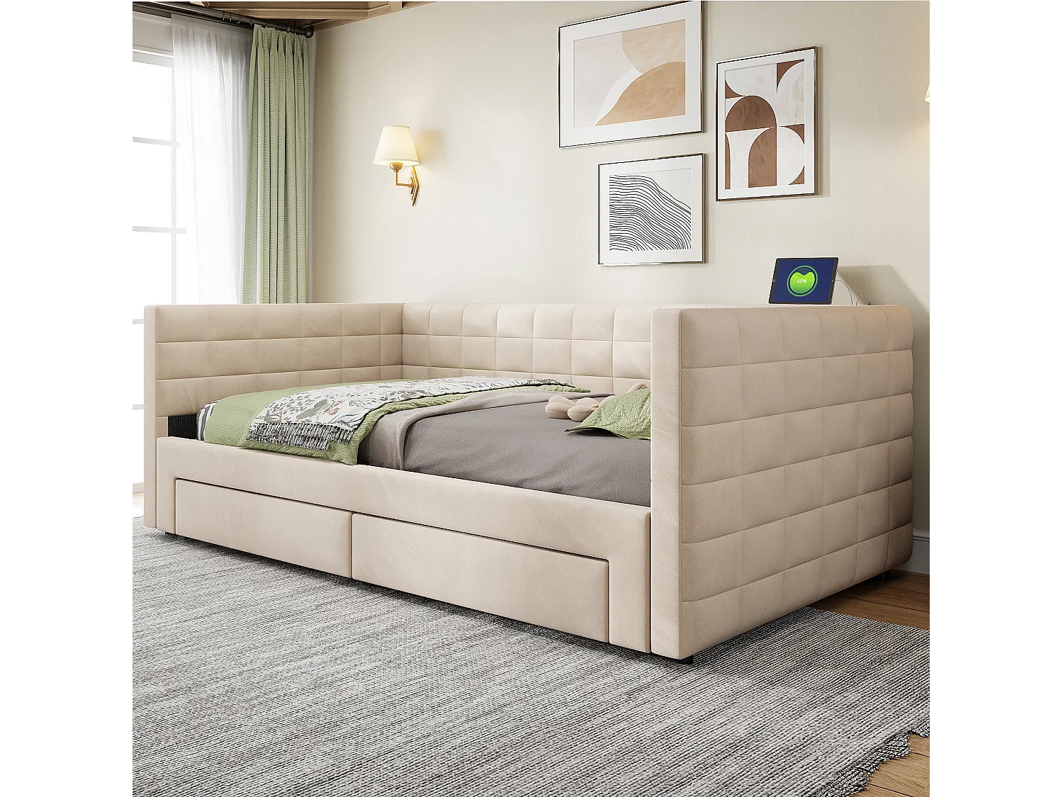 Canapé-lit rembourré 90 x 190 cm - avec 2 tiroirs - avec sommier à lattes - beige (matelas non inclus)