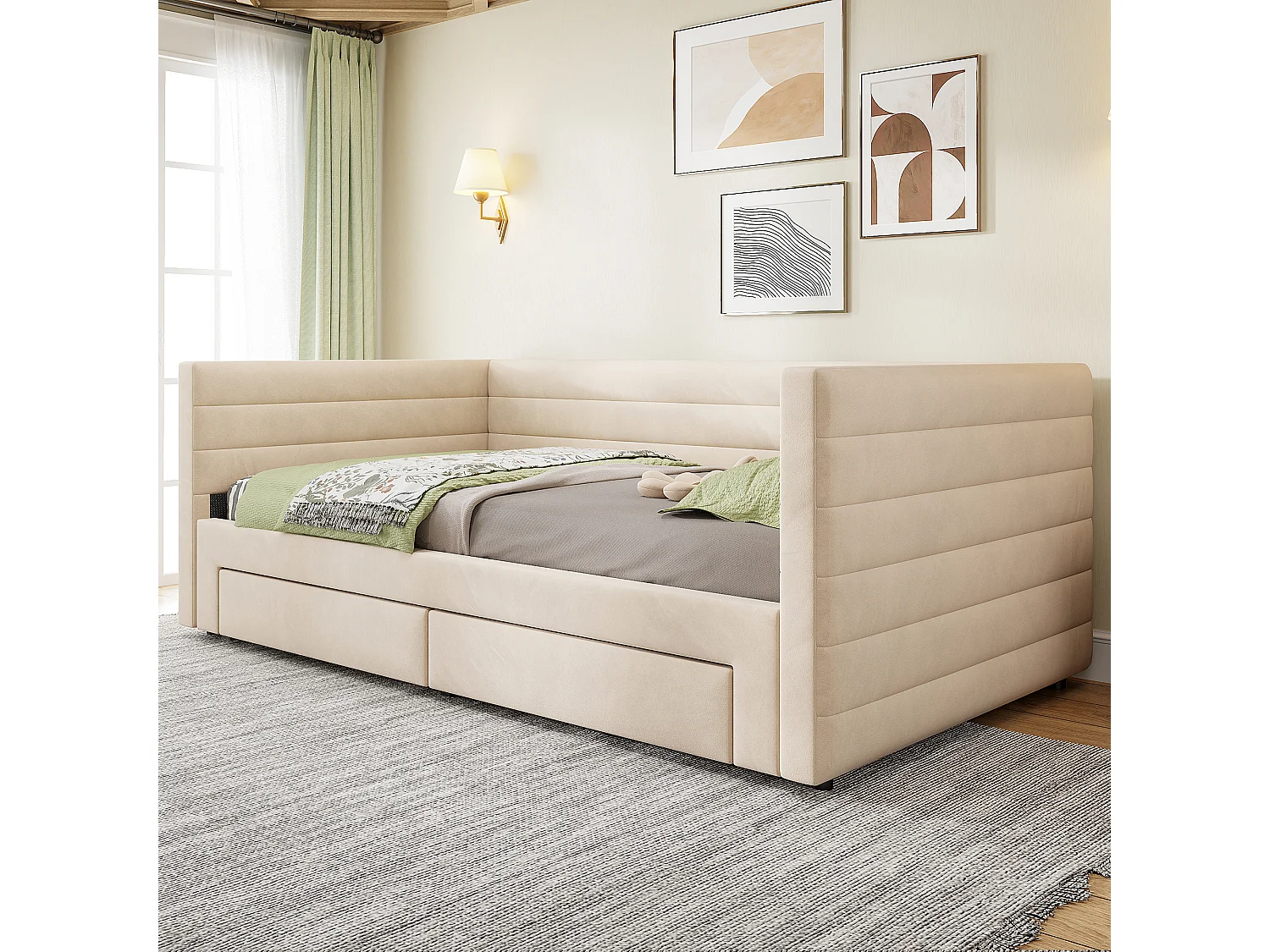 Canapé-lit rembourré 90 x 190 cm - avec 2 tiroirs - avec sommier à lattes - beige (matelas non inclus)