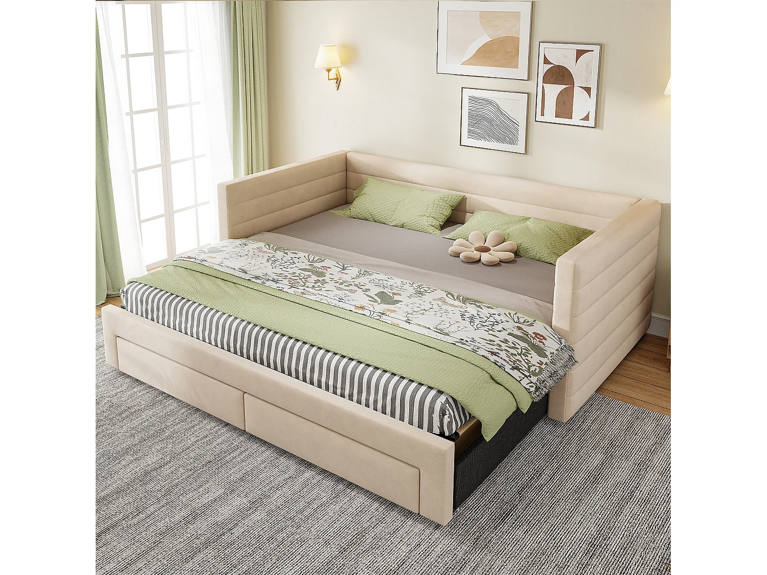 Canapé-lit rembourré 90 x 190 cm - avec 2 tiroirs - avec sommier à lattes - beige (matelas non inclus)