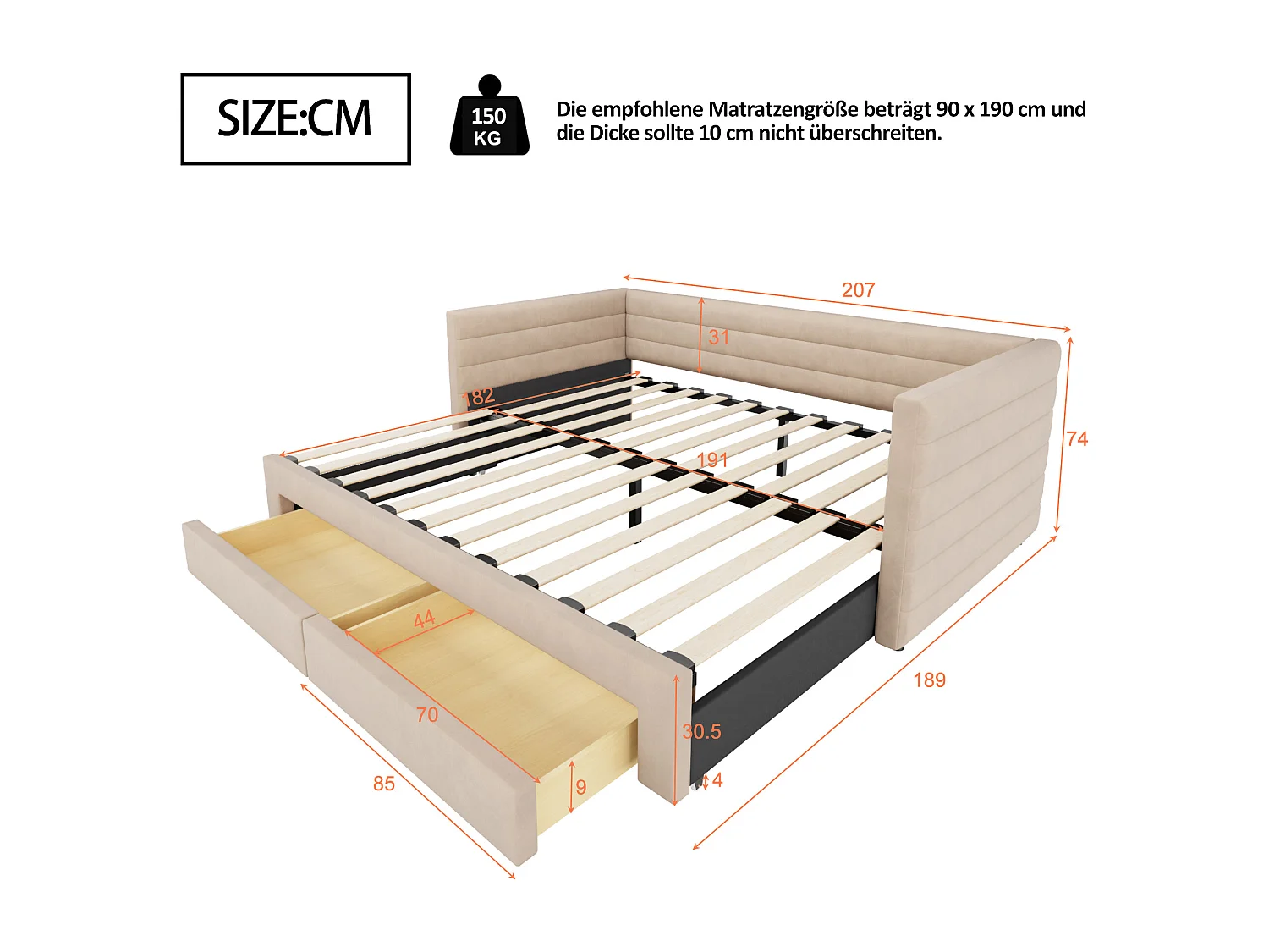 Canapé-lit rembourré 90 x 190 cm - avec 2 tiroirs - avec sommier à lattes - beige (matelas non inclus)