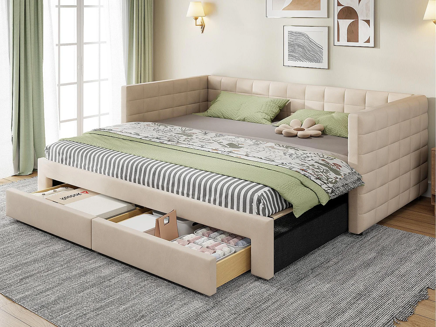 Schlafsofa mit Polsterung 90×190 cm - mit 2 Schubladen - mit Lattenrost - beige (Matratze nicht inbegriffen)