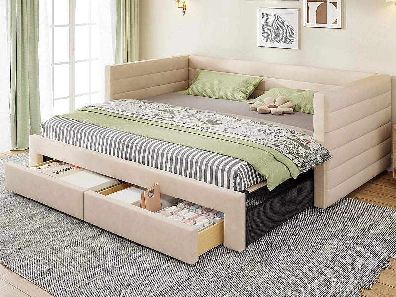 Sofá cama acolchado 90×190 cm - con 2 cajones - con somier de láminas - beige (colchón no incluido)