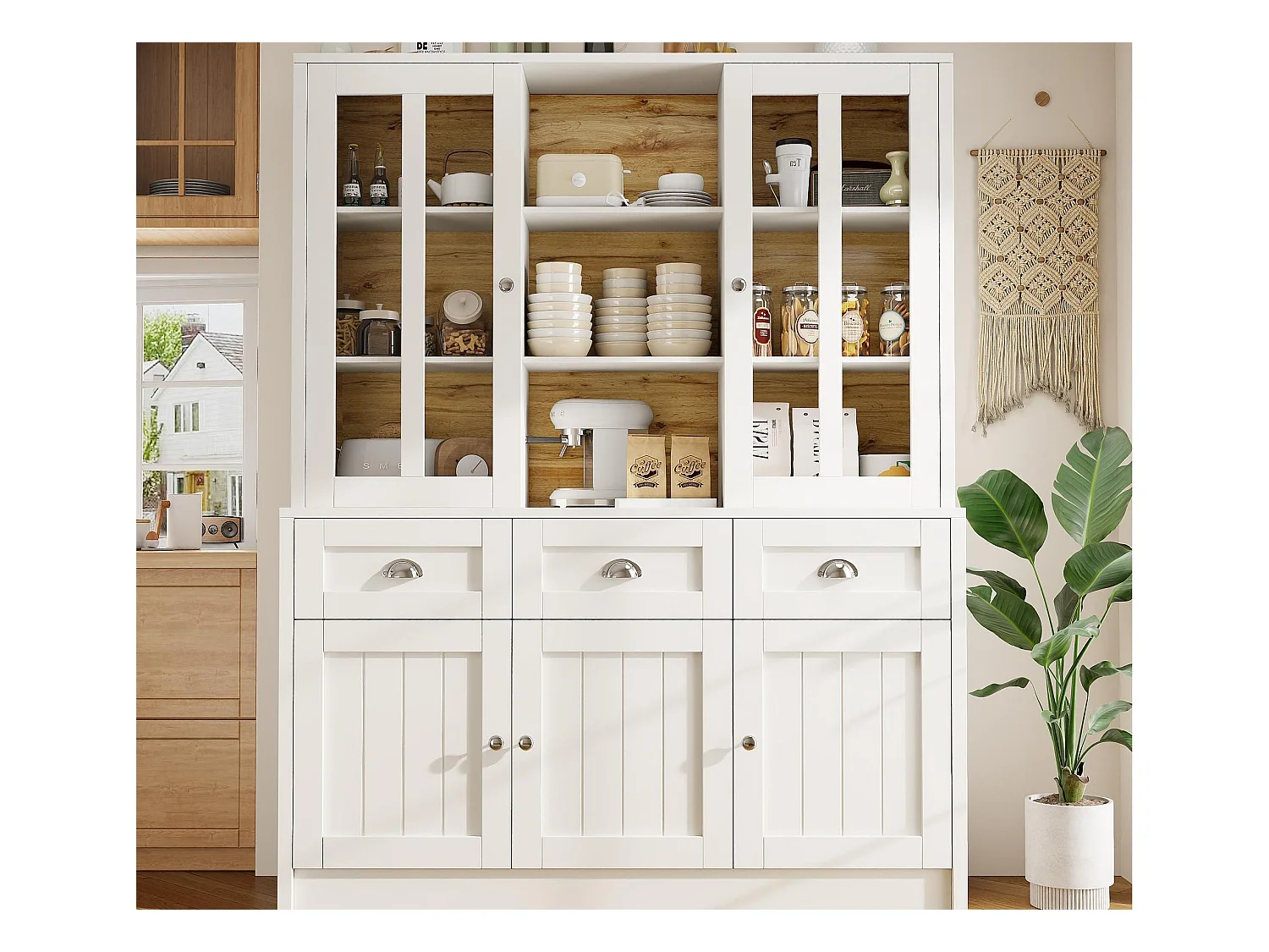 Buffet de cuisine moderne 140x38.5x175 cm - 5 portes + 3 tiroirs + 9 étagères - blanc