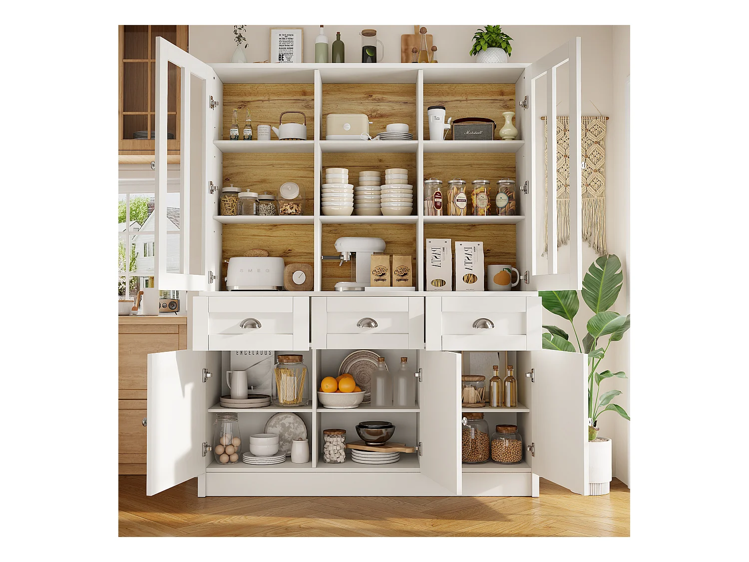 Buffet de cuisine moderne 140x38.5x175 cm - 5 portes + 3 tiroirs + 9 étagères - blanc