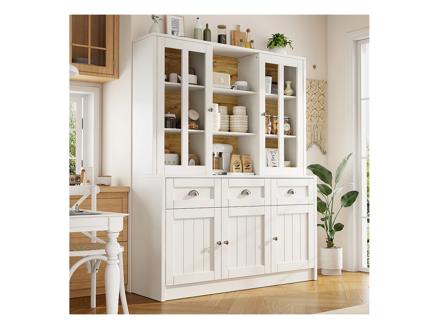 Buffet de cuisine moderne 140x38.5x175 cm - 5 portes + 3 tiroirs + 9 étagères - blanc