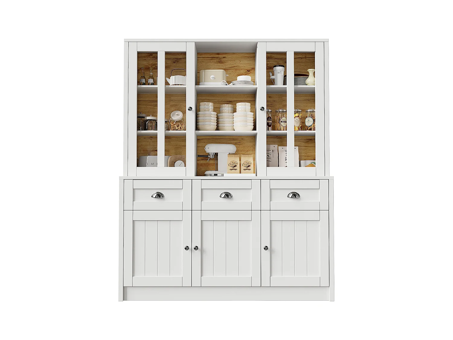 Buffet de cuisine moderne 140x38.5x175 cm - 5 portes + 3 tiroirs + 9 étagères - blanc