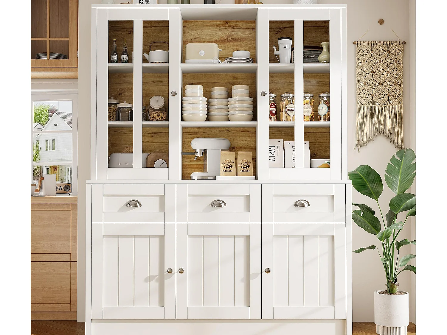 Buffet de cuisine moderne 140x38.5x175 cm - 5 portes + 3 tiroirs + 9 étagères - blanc