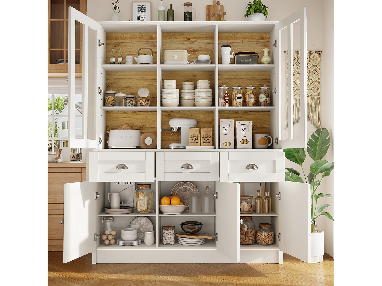 Buffet de cuisine moderne 140x38.5x175 cm - 5 portes + 3 tiroirs + 9 étagères - blanc