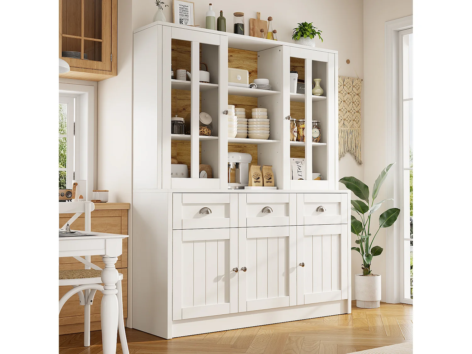 Buffet de cuisine moderne 140x38.5x175 cm - 5 portes + 3 tiroirs + 9 étagères - blanc