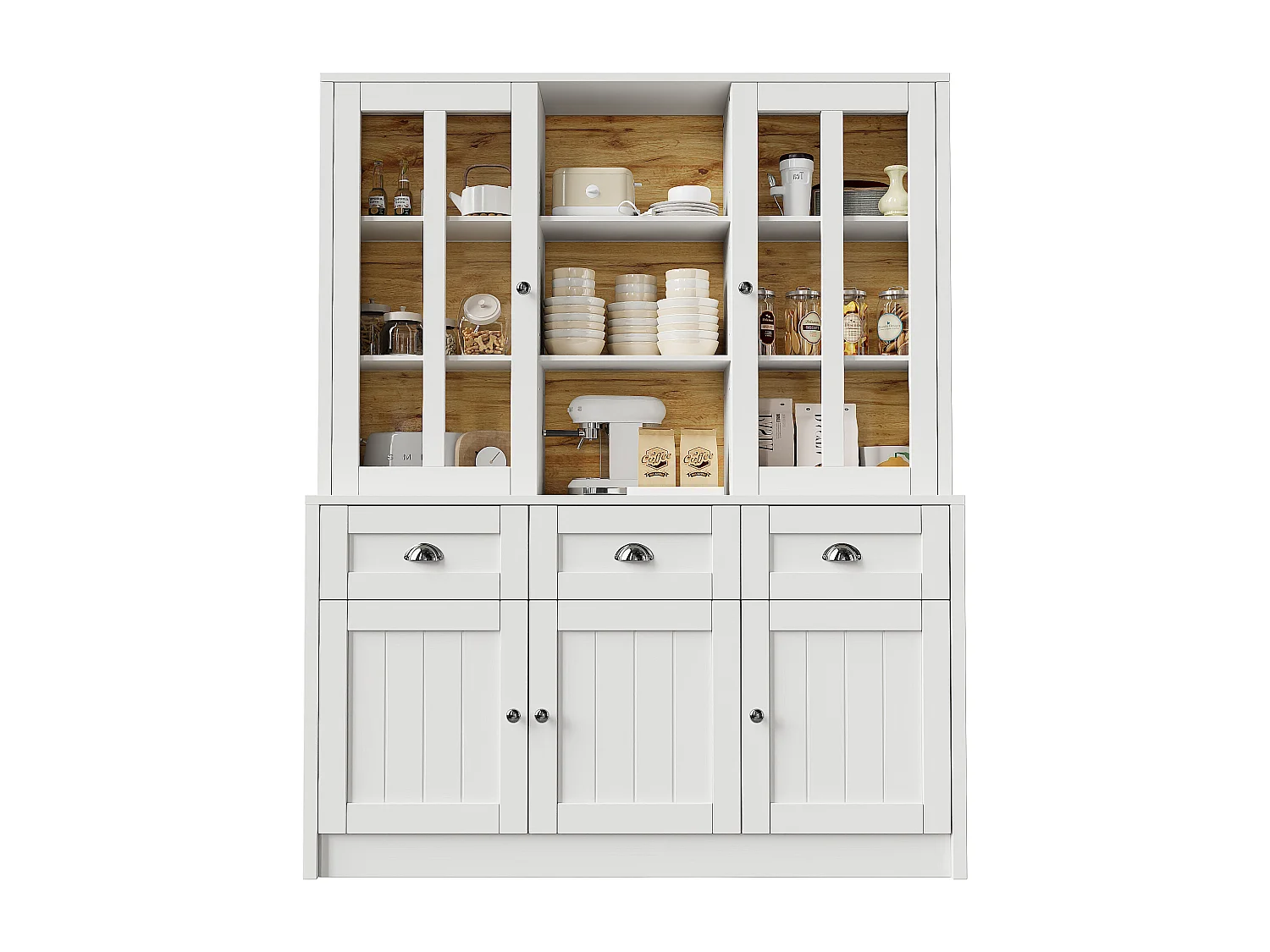 Buffet de cuisine moderne 140x38.5x175 cm - 5 portes + 3 tiroirs + 9 étagères - blanc