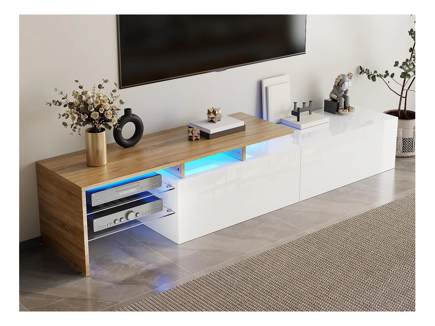 Meuble TV moderne 170x33x33.5 cm - avec éclairage LED - 2 tiroirs - Étagères en verre - aspect bois - blanc + naturel