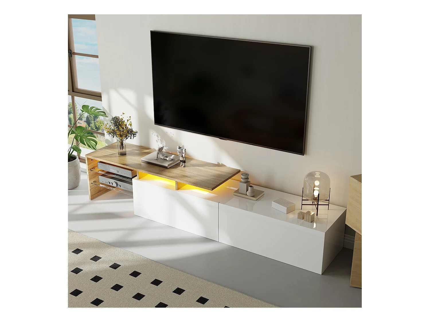 Meuble TV moderne 170x33x33.5 cm - avec éclairage LED - 2 tiroirs - Étagères en verre - aspect bois - blanc + naturel