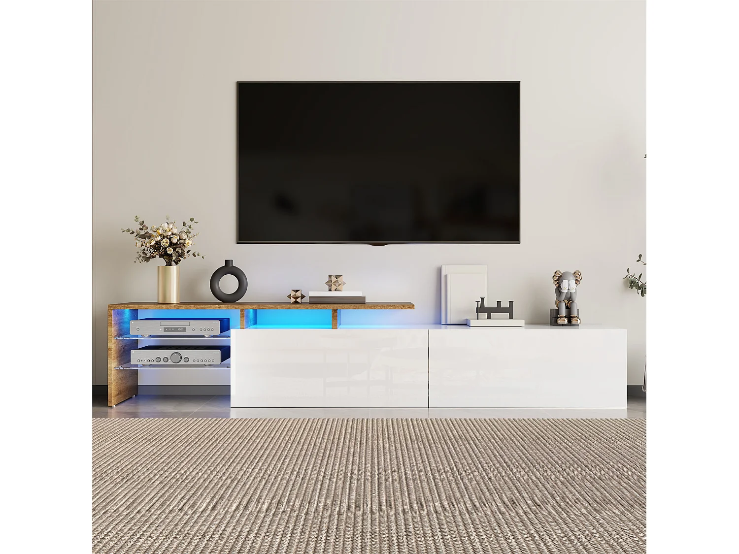 Meuble TV moderne 170x33x33.5 cm - avec éclairage LED - 2 tiroirs - Étagères en verre - aspect bois - blanc + naturel