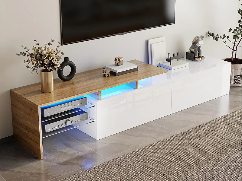 Meuble TV moderne 170x33x33.5 cm - avec éclairage LED - 2 tiroirs - Étagères en verre - aspect bois - blanc + naturel