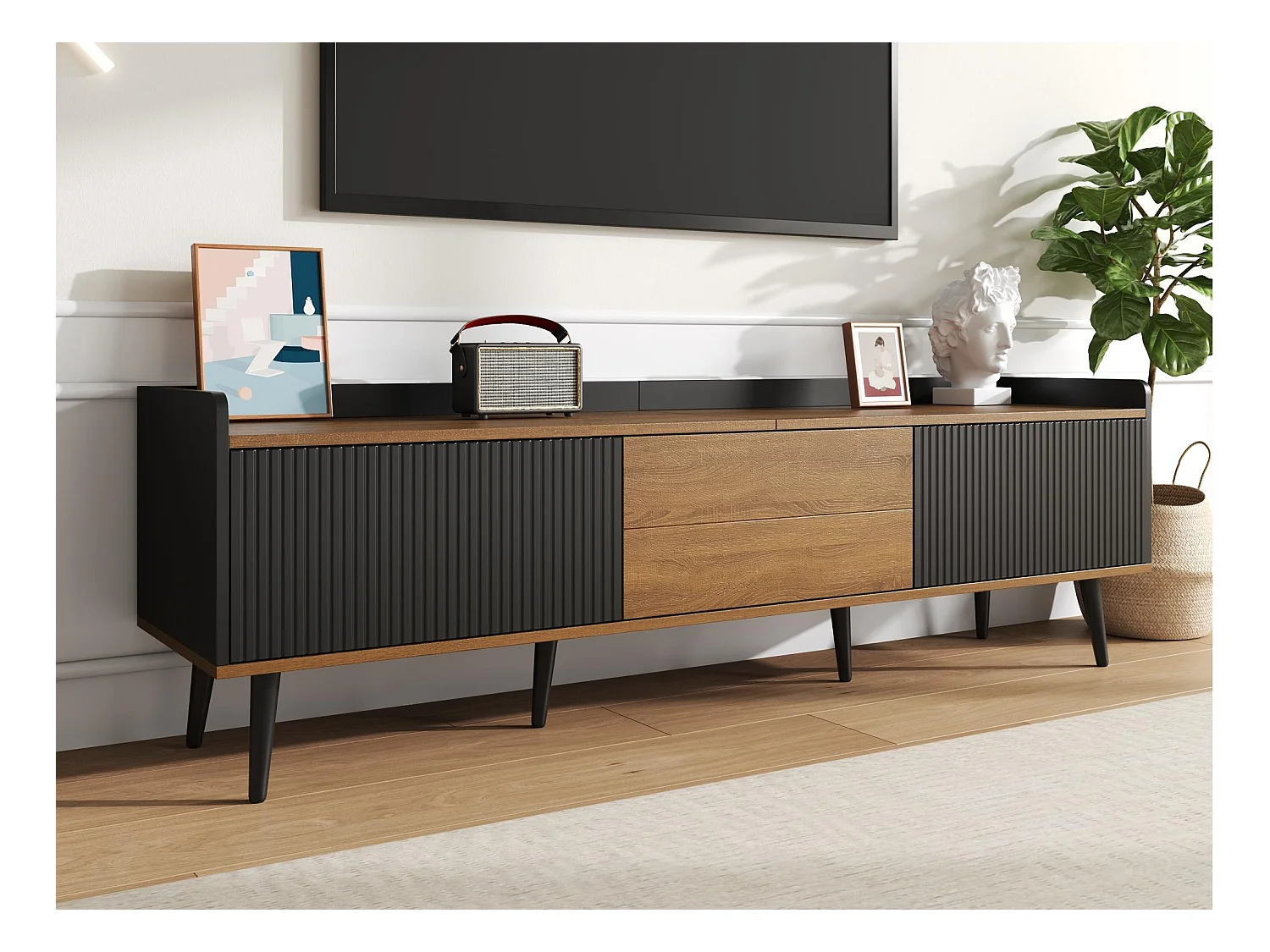 Meuble TV 160x39x49.5 cm - 3 portes - aspect bois - pieds en bois massif - MDF + panneaux de particules - Noir et naturel