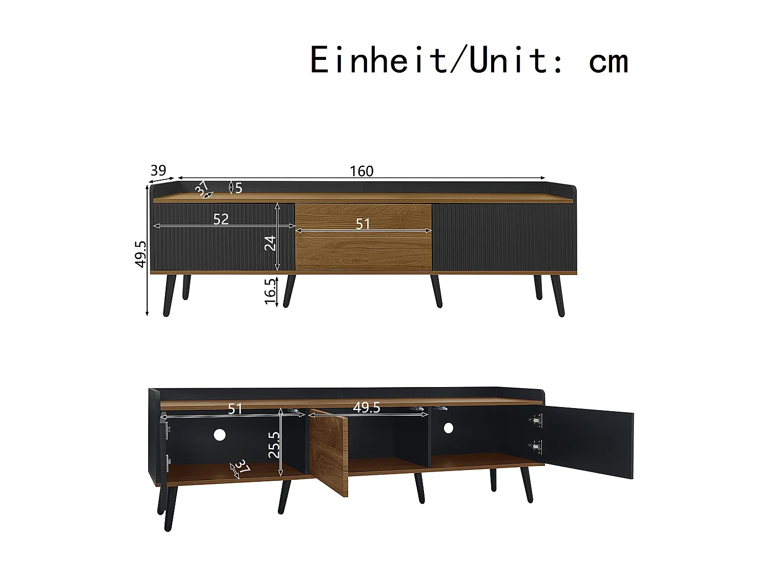 TV-Schrank 160×39×49,5 cm - mit 3 Türen - Holzoptik - Massivholzfüße - MDF + Spanplatte - schwarz und natur