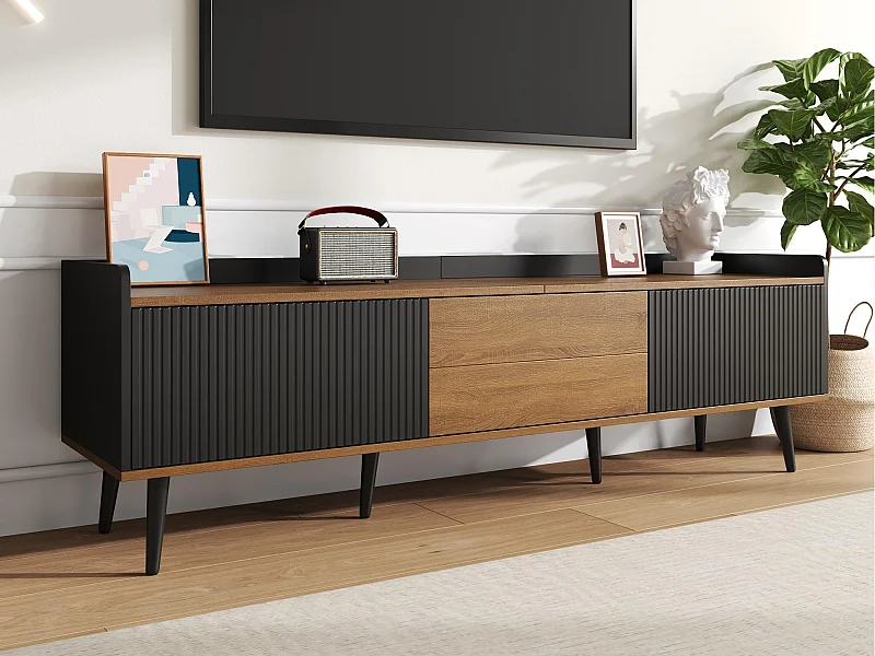 TV-Schrank 160×39×49,5 cm - mit 3 Türen - Holzoptik - Massivholzfüße - MDF + Spanplatte - schwarz und natur