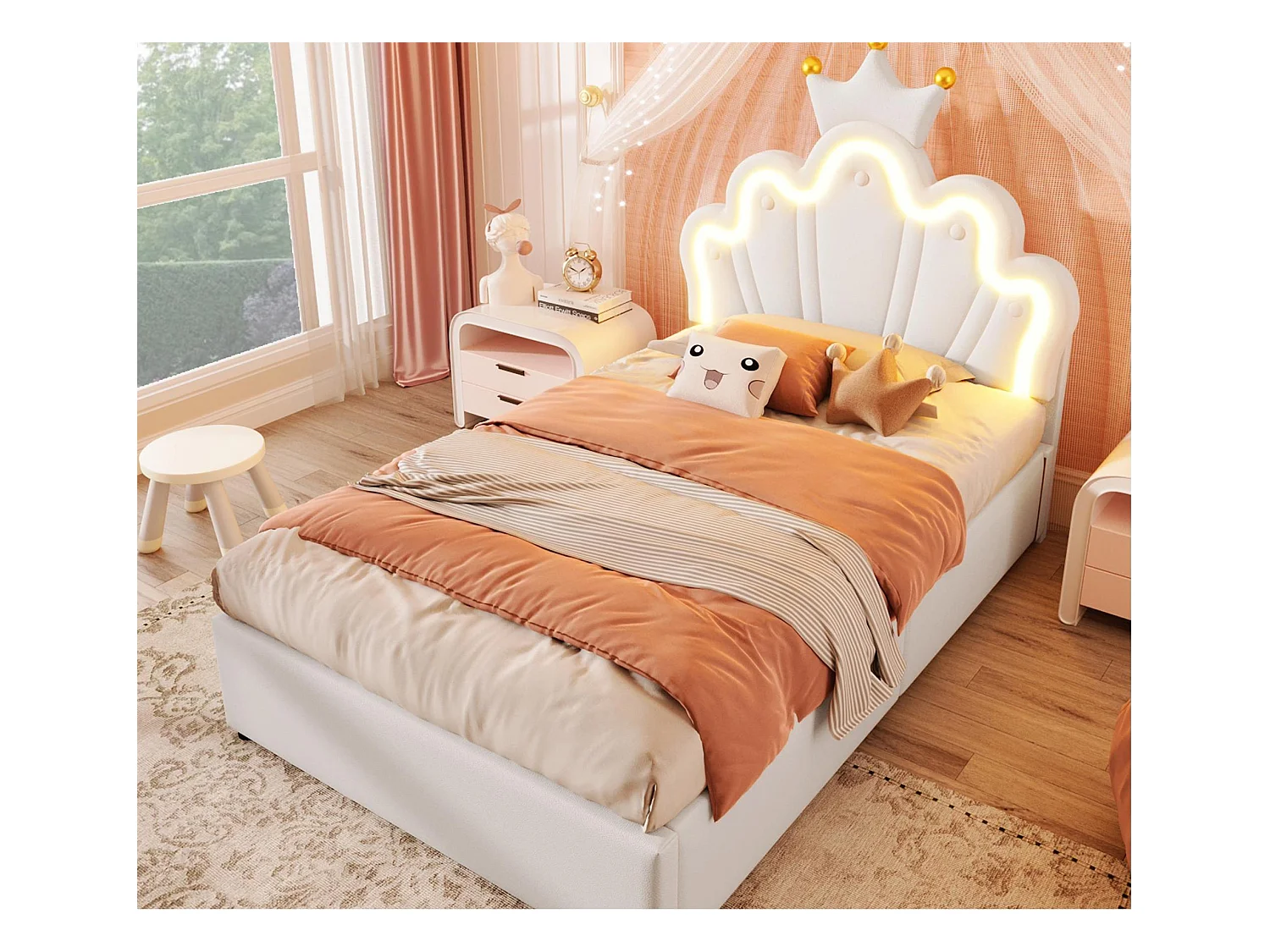 Lit enfant rembourré 90 x 200 cm - lit coffre - avec bande lumineuse LED - tête de lit réglable - blanc (matelas non inclus)