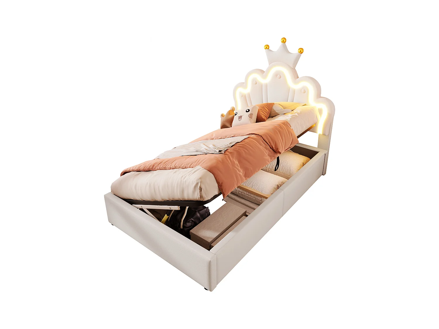 Lit enfant rembourré 90 x 200 cm - lit coffre - avec bande lumineuse LED - tête de lit réglable - blanc (matelas non inclus)