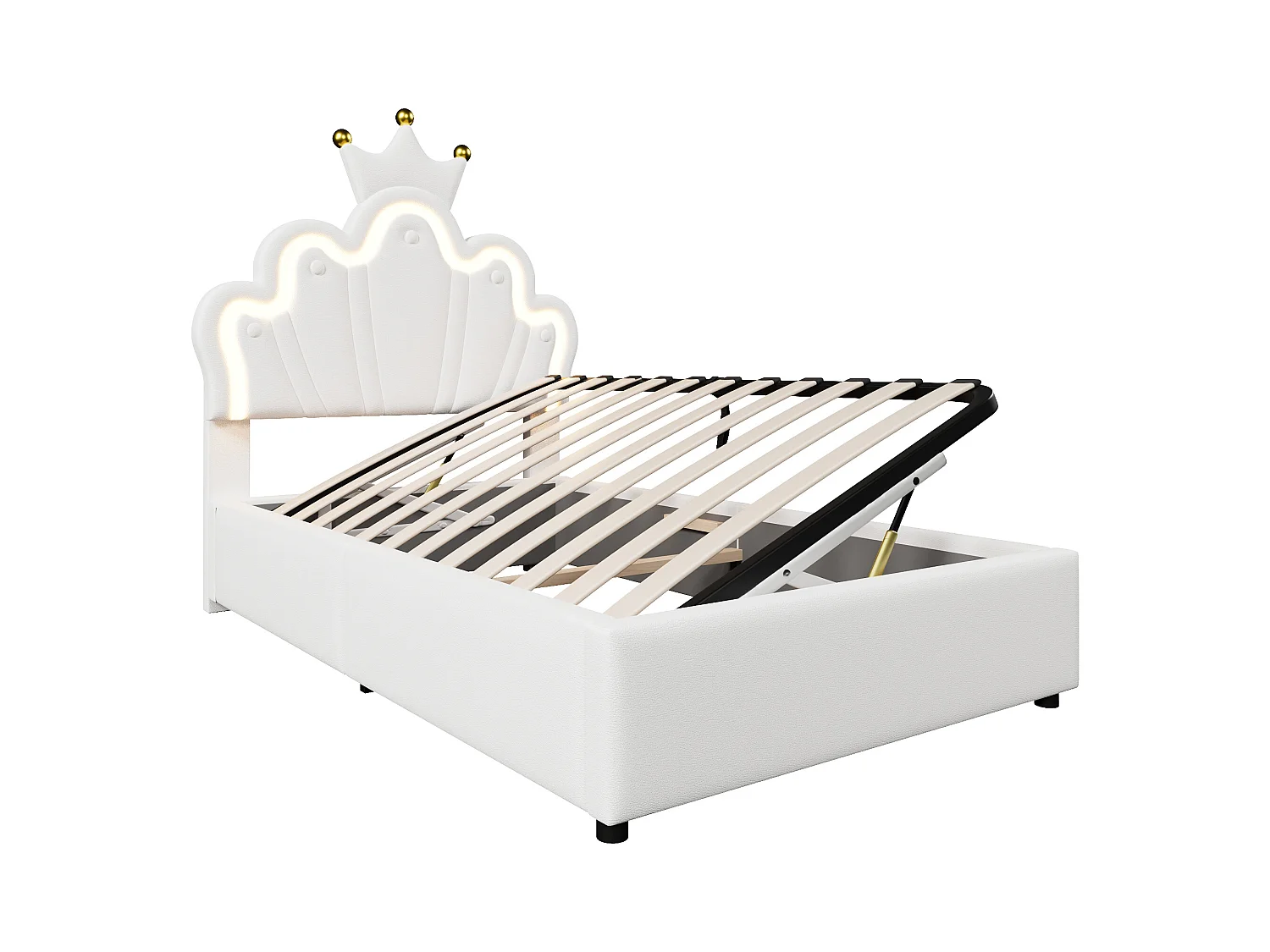 Lit enfant rembourré 90 x 200 cm - lit coffre - avec bande lumineuse LED - tête de lit réglable - blanc (matelas non inclus)
