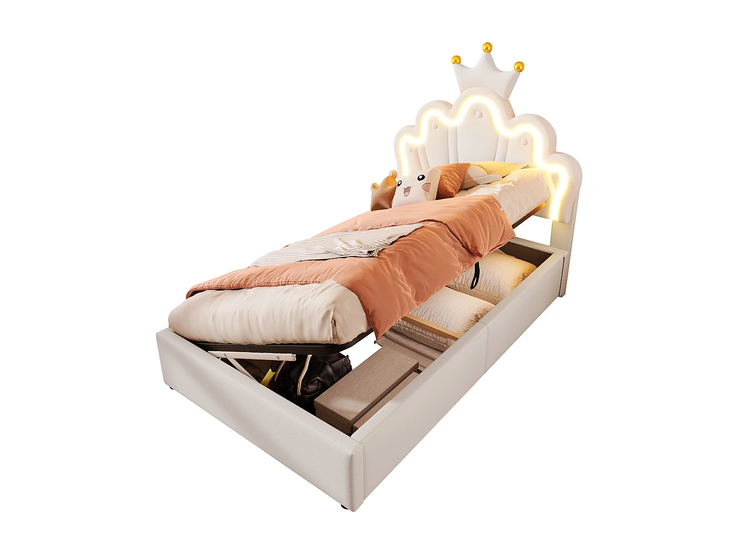 Letto per bambini imbottito 90×200 cm - letto contenitore - con striscia LED luminosa - testiera regolabile - bianco (materasso non incluso)