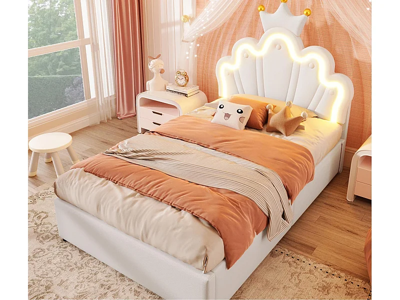 Letto per bambini imbottito 90×200 cm - letto contenitore - con striscia LED luminosa - testiera regolabile - bianco (materasso non incluso)