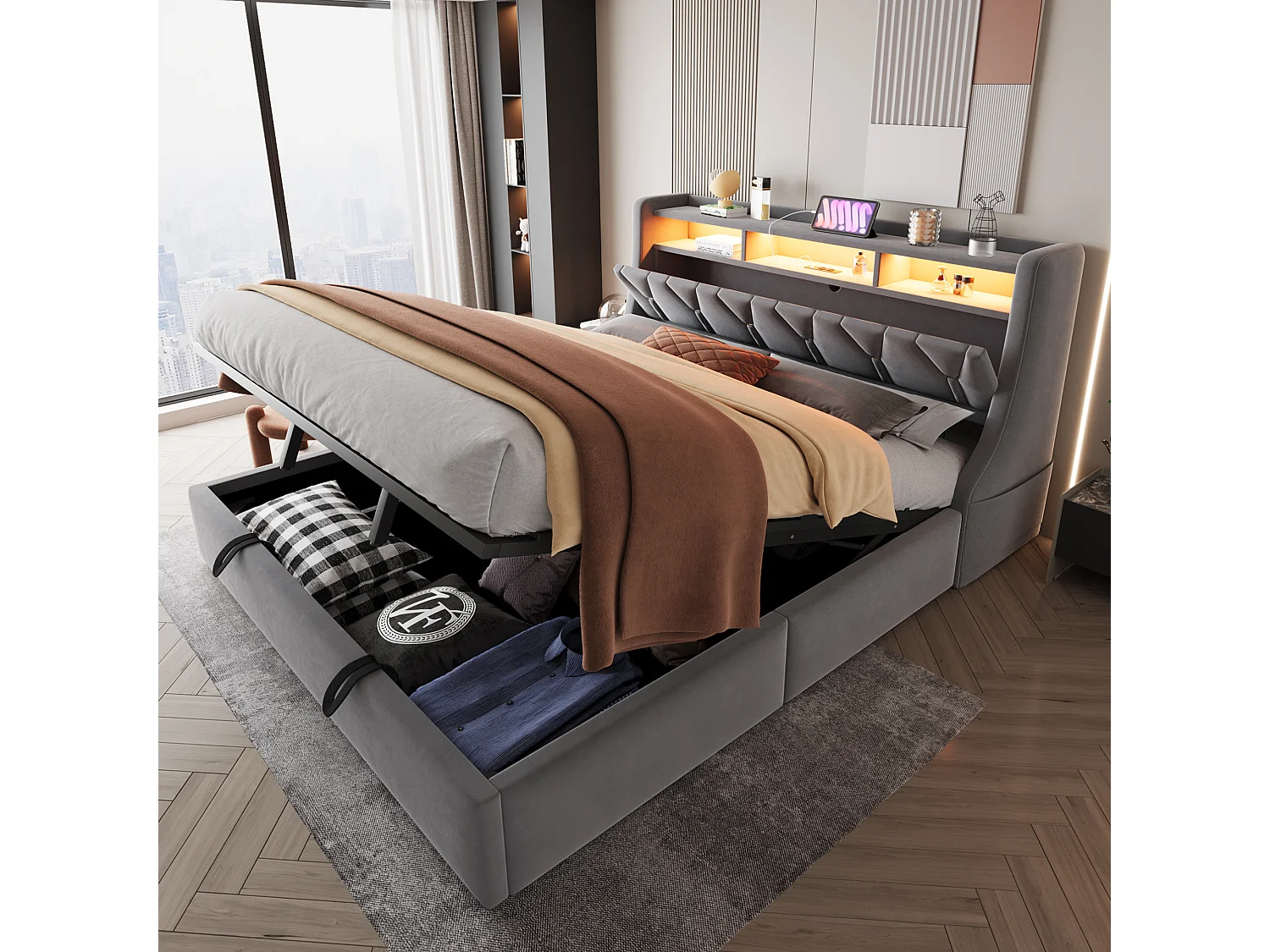 Lit coffre capitonné 180 x 200 cm - Tête de lit rabattable - avec prise électrique - Avec éclairage LED - Velours - gris (matelas non inclus)