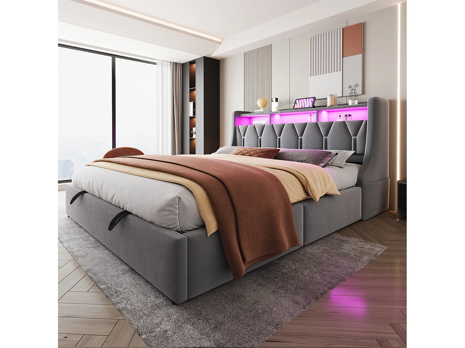 Lit coffre capitonné 180 x 200 cm - Tête de lit rabattable - avec prise électrique - Avec éclairage LED - Velours - gris (matelas non inclus)