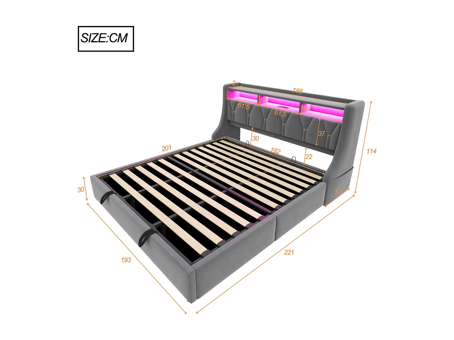 Lit coffre capitonné 180 x 200 cm - Tête de lit rabattable - avec prise électrique - Avec éclairage LED - Velours - gris (matelas non inclus)