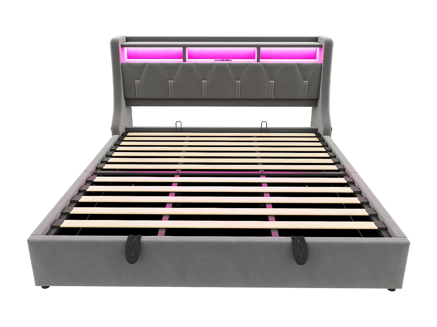 Lit coffre capitonné 180 x 200 cm - Tête de lit rabattable - avec prise électrique - Avec éclairage LED - Velours - gris (matelas non inclus)