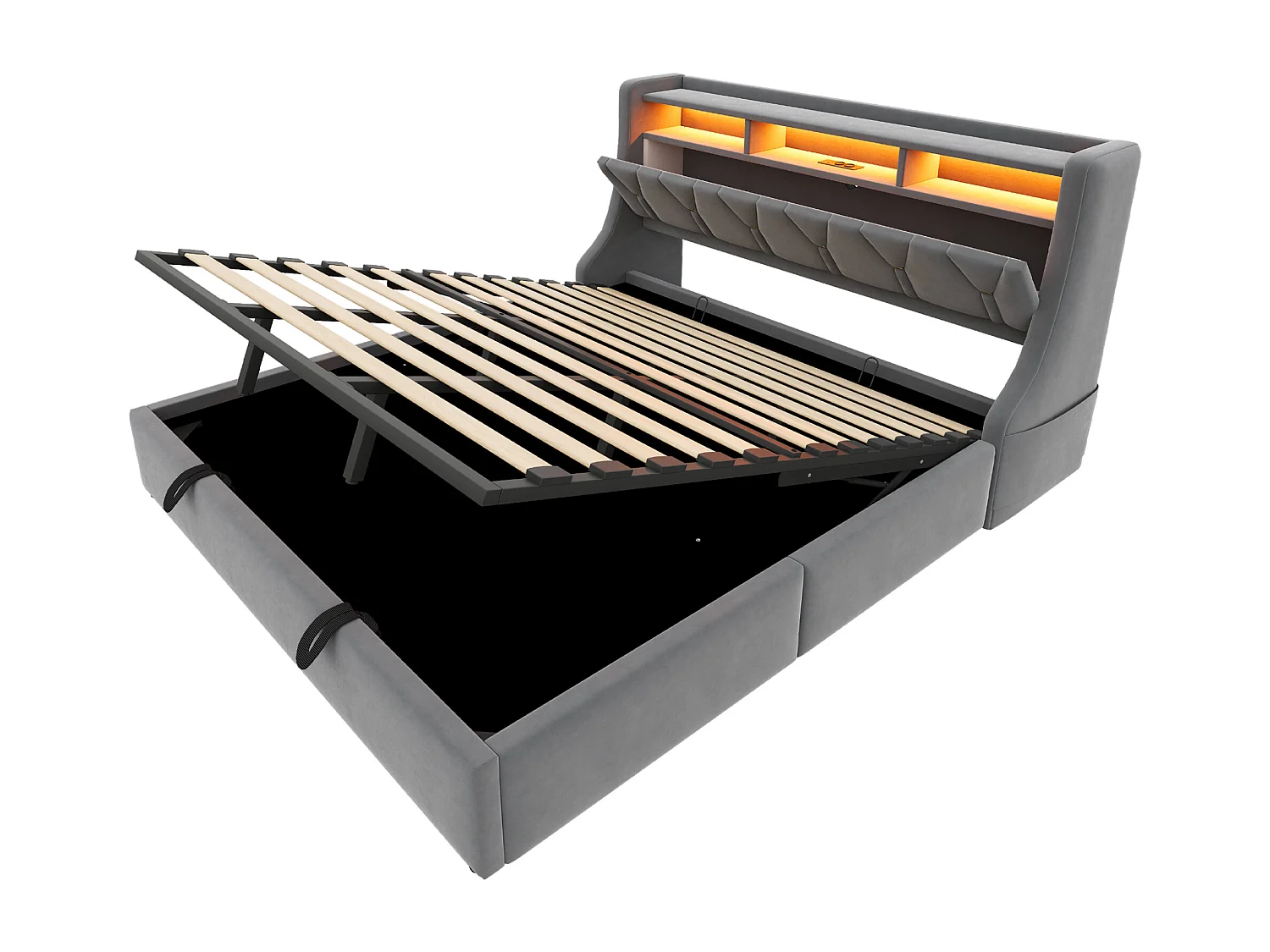 Lit coffre capitonné 180 x 200 cm - Tête de lit rabattable - avec prise électrique - Avec éclairage LED - Velours - gris (matelas non inclus)