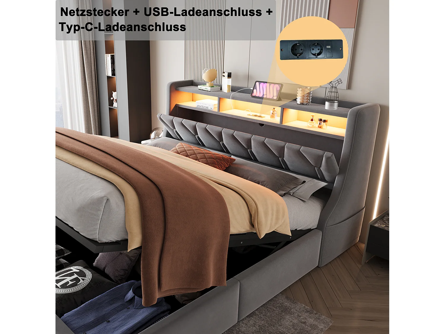 Lit coffre capitonné 180 x 200 cm - Tête de lit rabattable - avec prise électrique - Avec éclairage LED - Velours - gris (matelas non inclus)