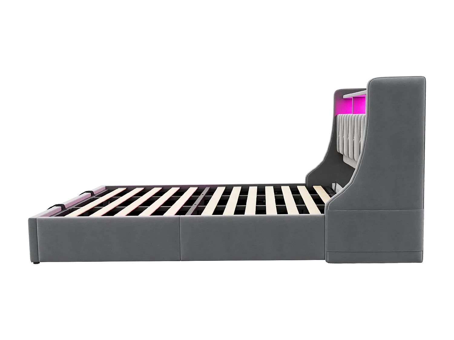 Lit coffre capitonné 180 x 200 cm - Tête de lit rabattable - avec prise électrique - Avec éclairage LED - Velours - gris (matelas non inclus)