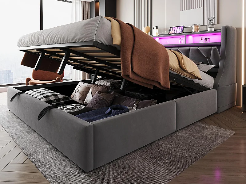 Lit coffre capitonné 180 x 200 cm - Tête de lit rabattable - avec prise électrique - Avec éclairage LED - Velours - gris (matelas non inclus)