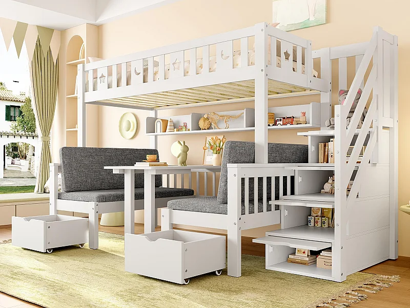 Hoogbed 90×200 cm - Bed en bureau 2 in 1 - Trap met opbergruimte - Met veiligheidshek - Wit (matras niet inbegrepen)