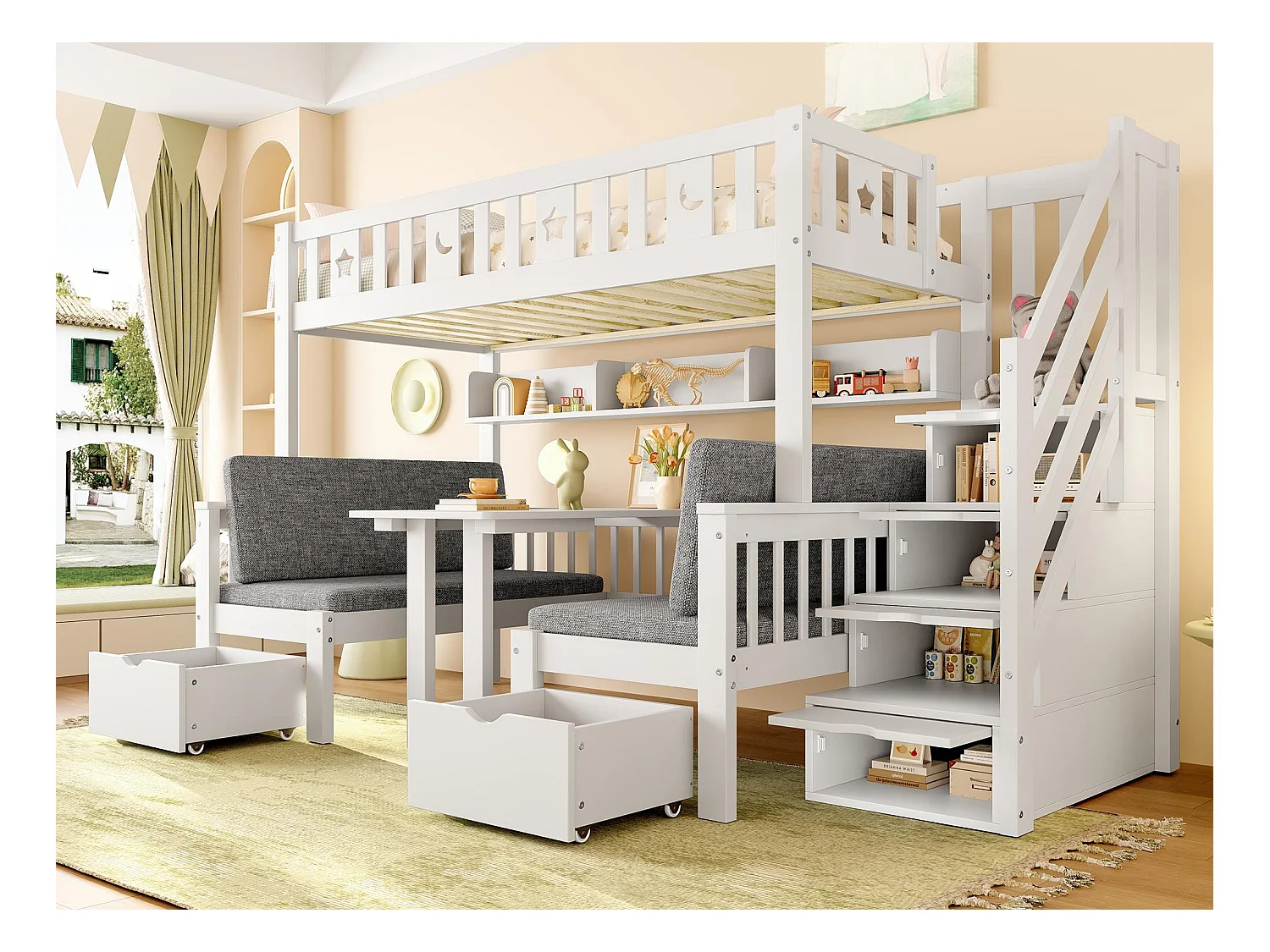 Lit mezzanine 90x200 cm - Lit et bureau 2 en 1 - Échelle de rangement - Avec garde-corps - Blanc (matelas non inclus)