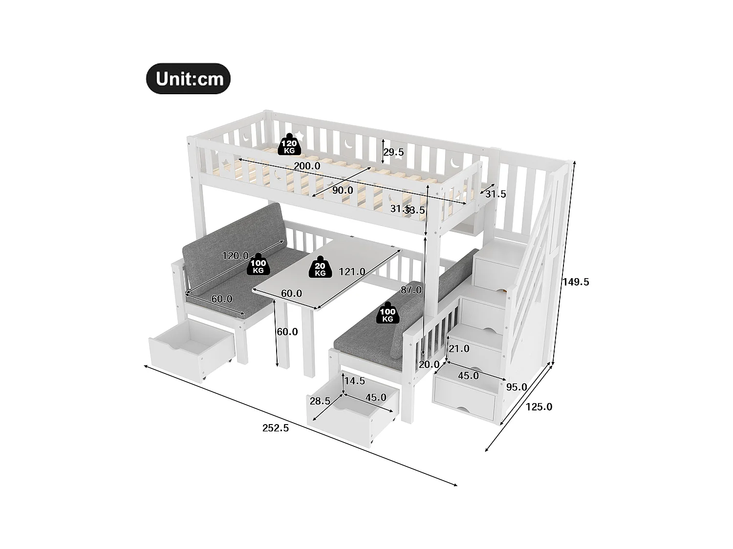 Lit mezzanine 90x200 cm - Lit et bureau 2 en 1 - Échelle de rangement - Avec garde-corps - Blanc (matelas non inclus)