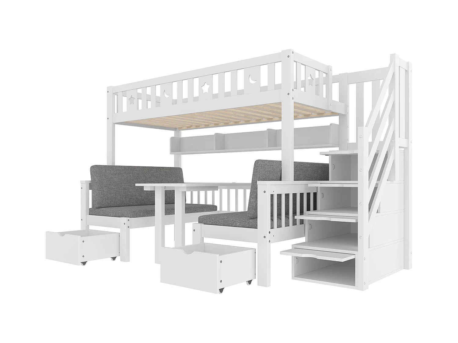 Lit mezzanine 90x200 cm - Lit et bureau 2 en 1 - Échelle de rangement - Avec garde-corps - Blanc (matelas non inclus)