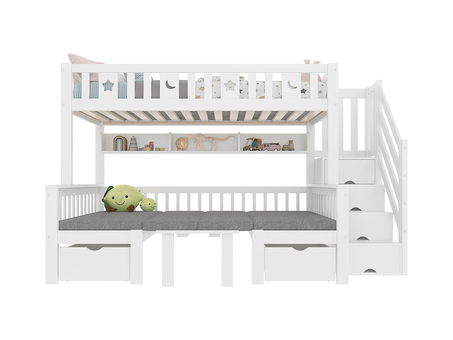 Lit mezzanine 90x200 cm - Lit et bureau 2 en 1 - Échelle de rangement - Avec garde-corps - Blanc (matelas non inclus)