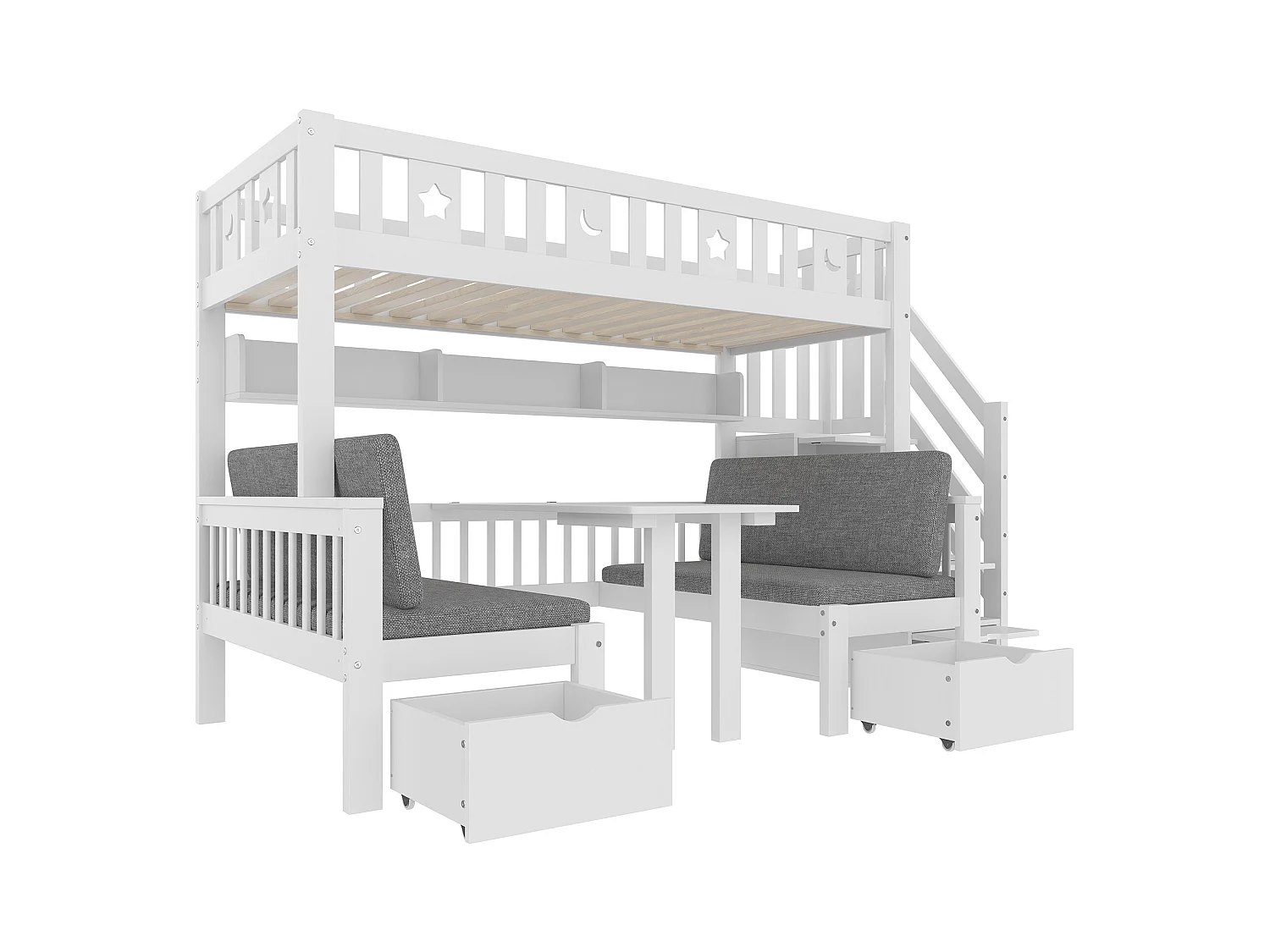 Lit mezzanine 90x200 cm - Lit et bureau 2 en 1 - Échelle de rangement - Avec garde-corps - Blanc (matelas non inclus)