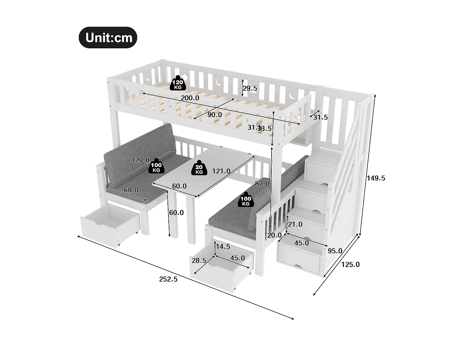 Lit mezzanine 90x200 cm - Lit et bureau 2 en 1 - Échelle de rangement - Avec garde-corps - Blanc (matelas non inclus)