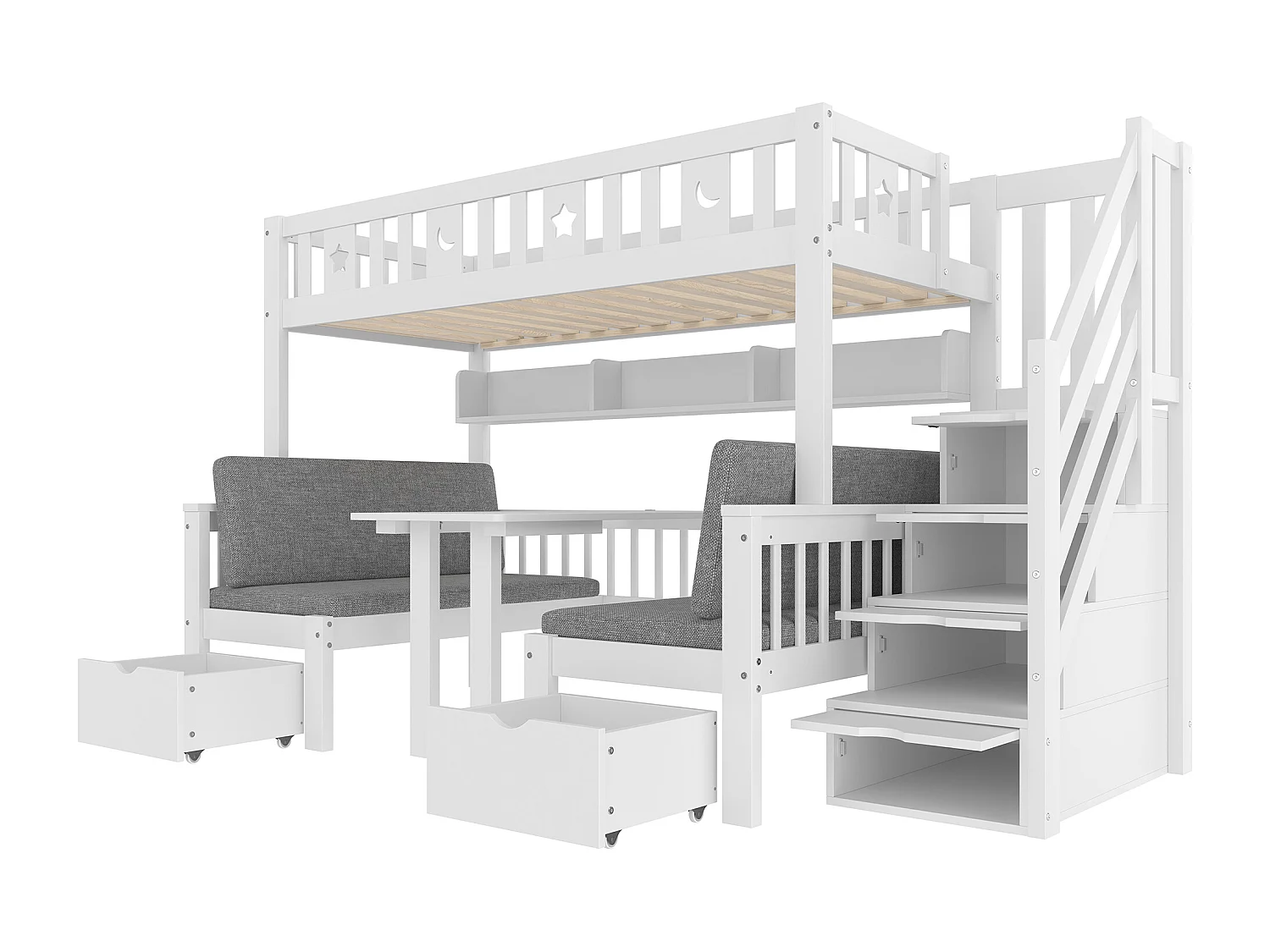 Lit mezzanine 90x200 cm - Lit et bureau 2 en 1 - Échelle de rangement - Avec garde-corps - Blanc (matelas non inclus)