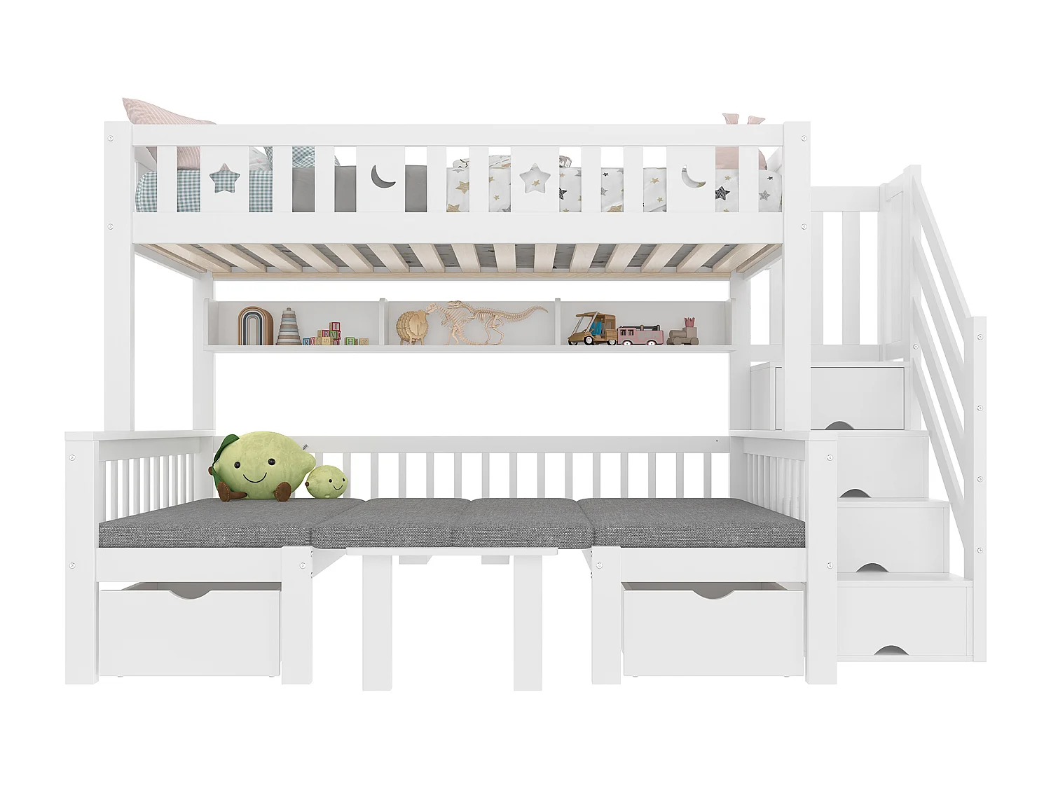 Lit mezzanine 90x200 cm - Lit et bureau 2 en 1 - Échelle de rangement - Avec garde-corps - Blanc (matelas non inclus)