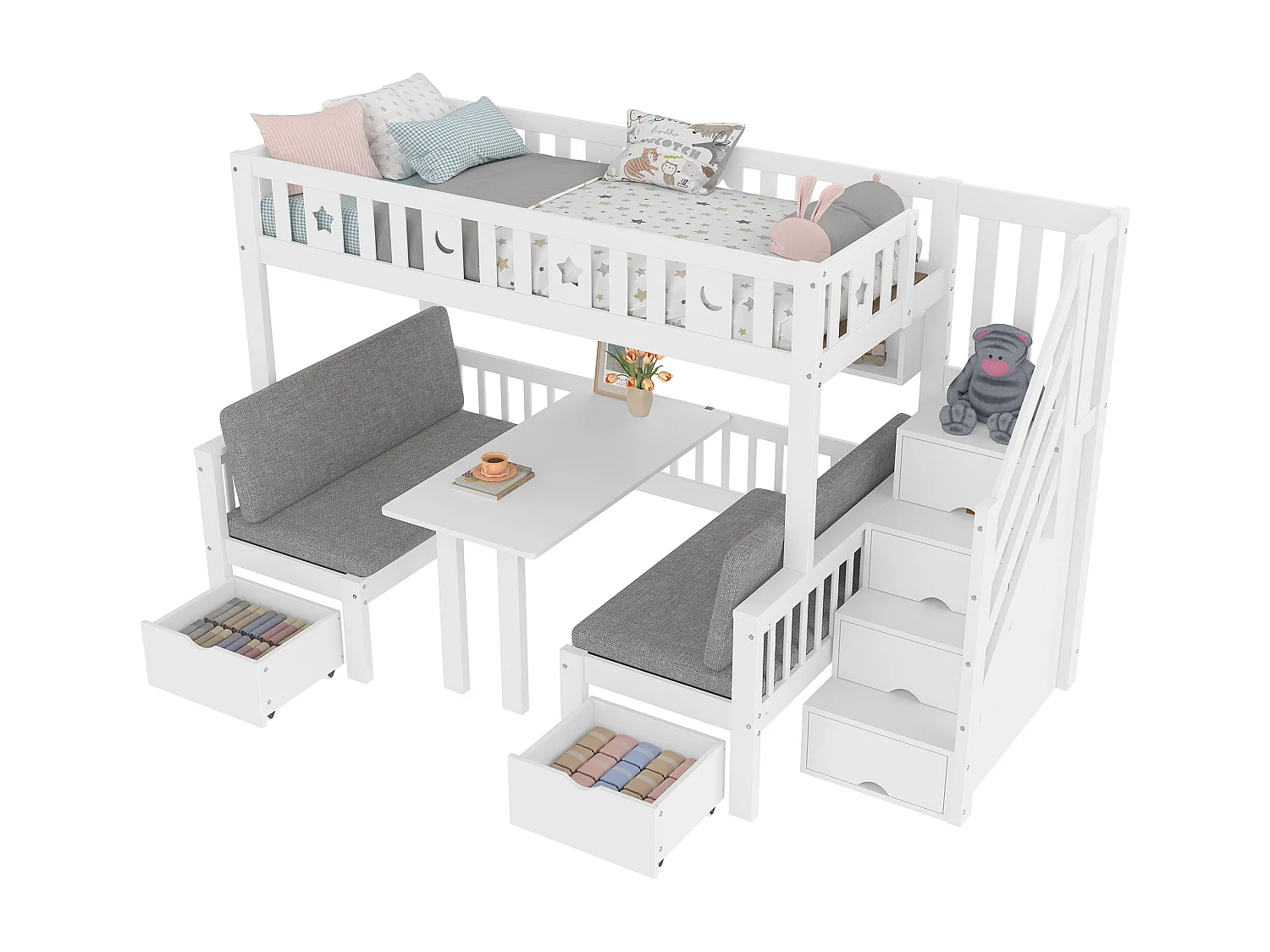 Łóżko piętrowe 90×200 cm - Łóżko i biurko 2 w 1 - Schody ze schowkiem - Z barierką bezpieczeństwa - Białe (materac nie jest zawarty)