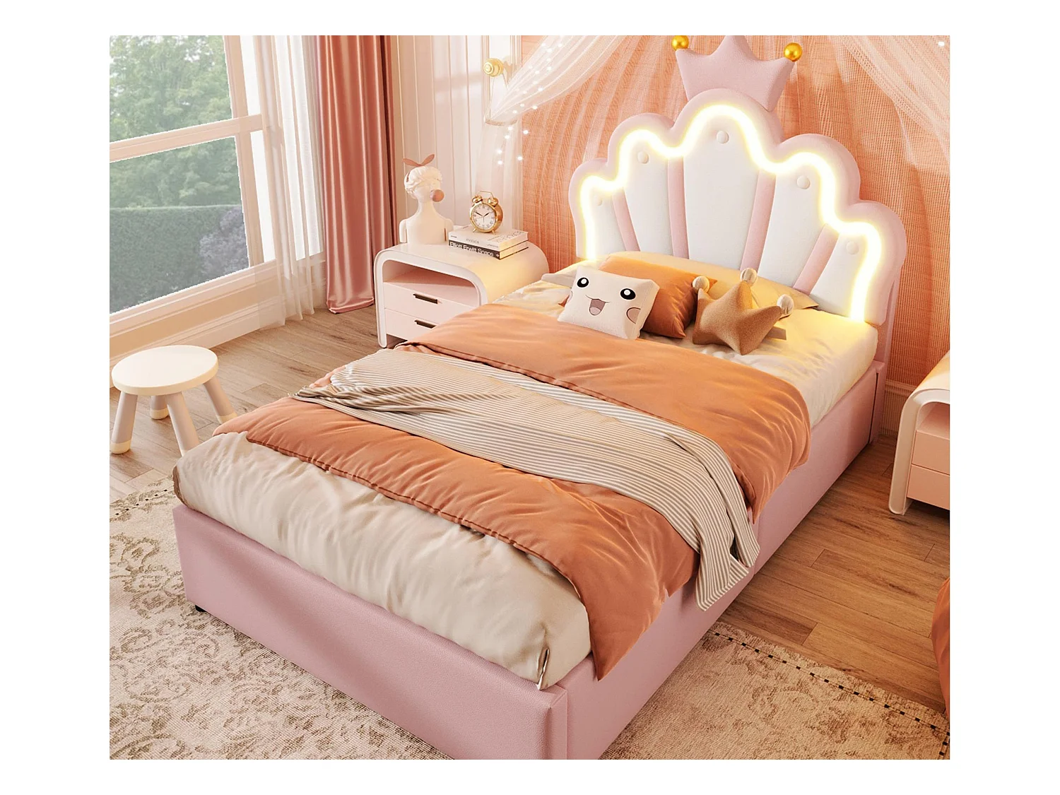 Lit enfant rembourré 90 x 200 cm - lit coffre - avec bande lumineuse LED - tête de lit réglable - rose (matelas non inclus)