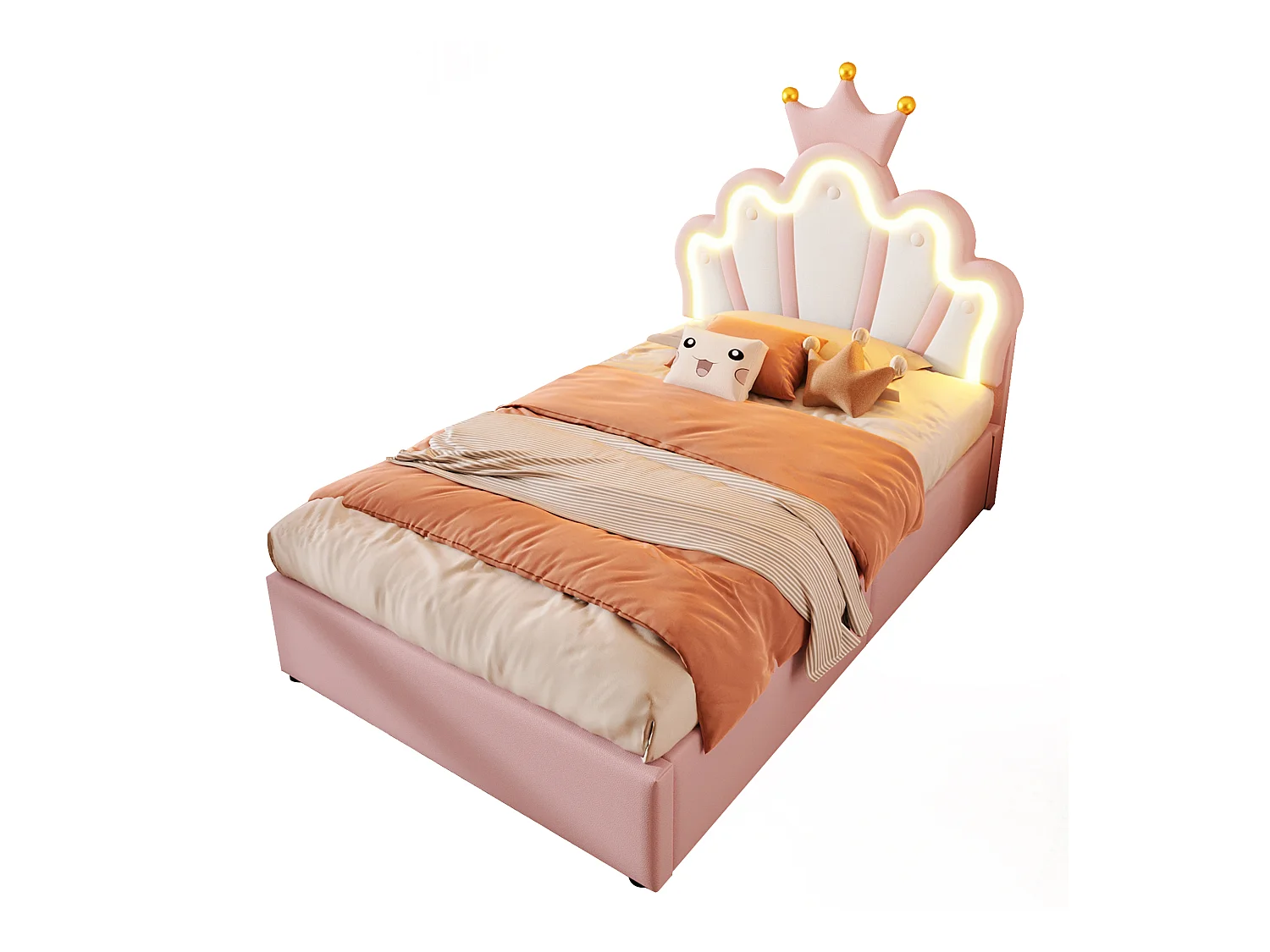 Lit enfant rembourré 90 x 200 cm - lit coffre - avec bande lumineuse LED - tête de lit réglable - rose (matelas non inclus)