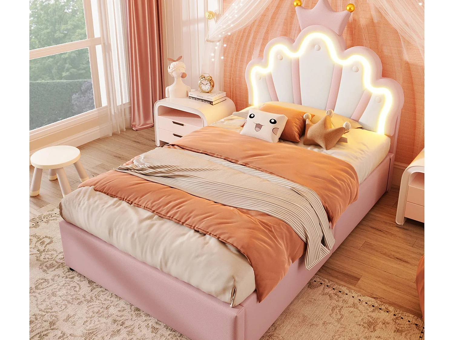 Lit enfant rembourré 90 x 200 cm - lit coffre - avec bande lumineuse LED - tête de lit réglable - rose (matelas non inclus)